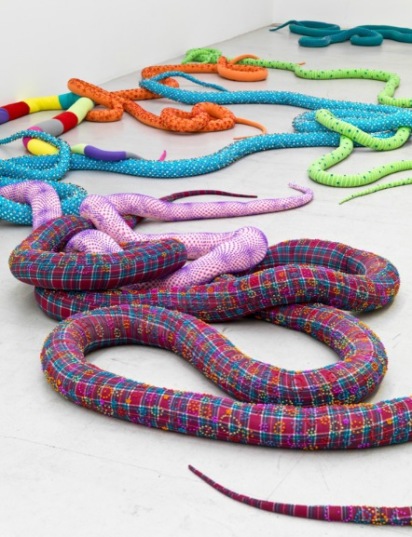 knitted snake art installation