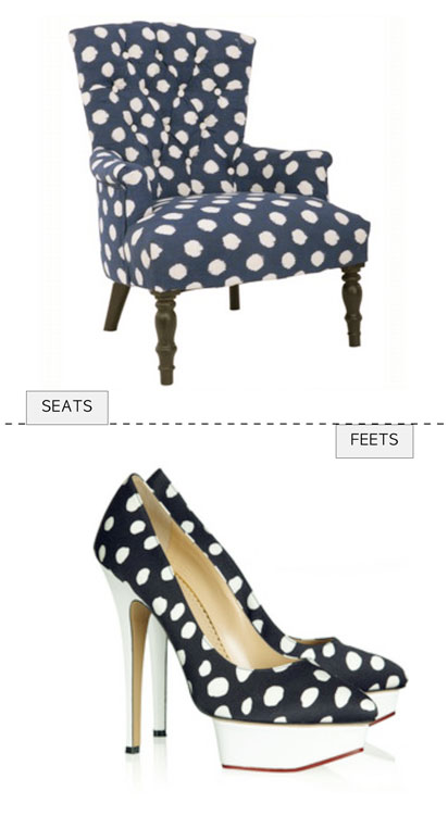 navy and white polka dot matching chair and shoes